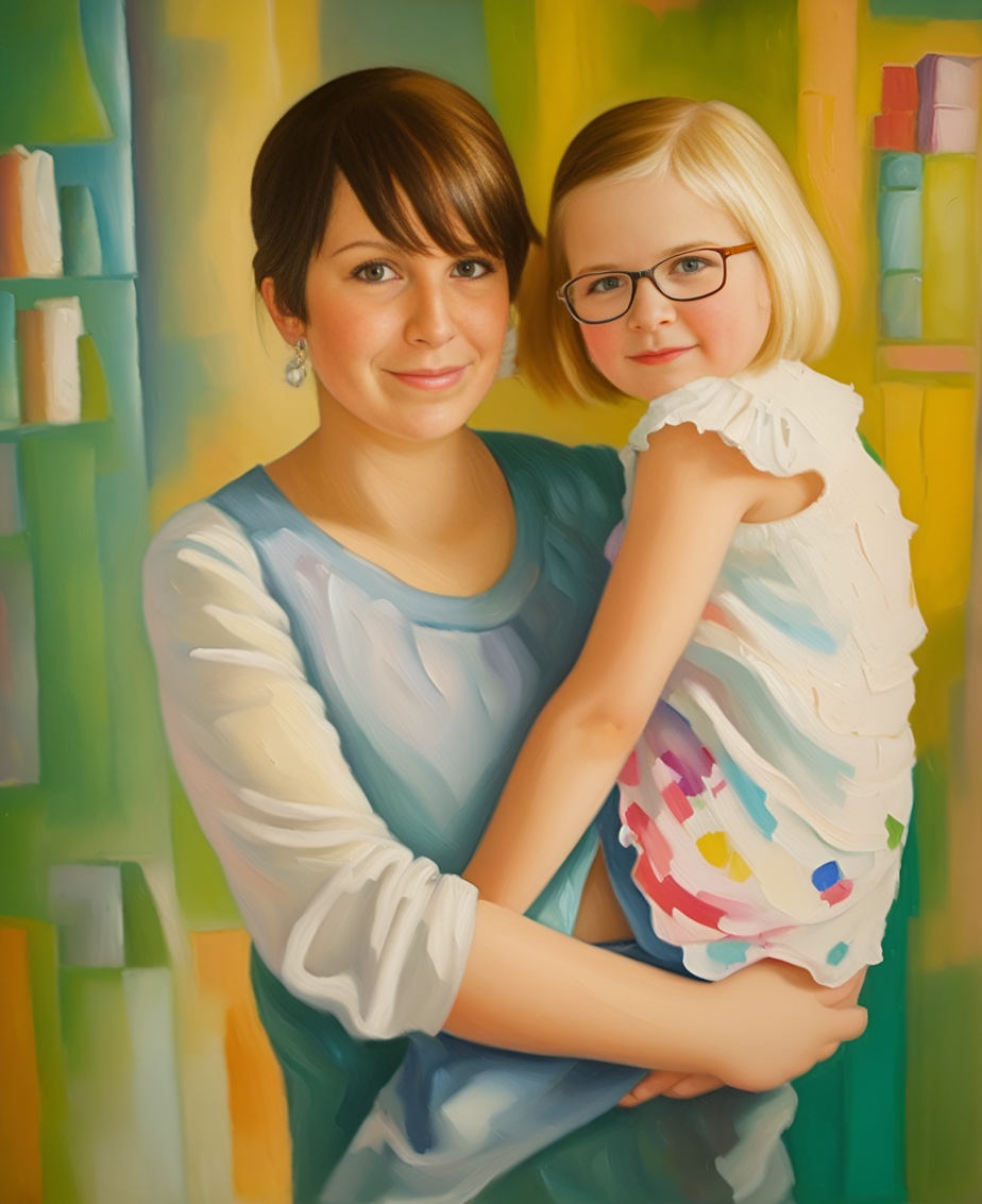 Oil painting of a mom holding a girl, created from a reference photo by PortraitArt app