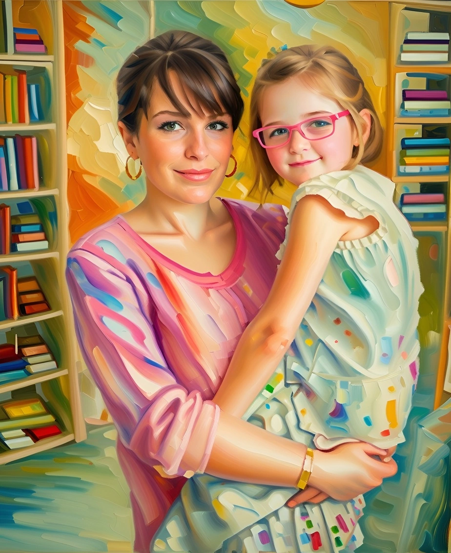 Oil painting of a mom holding a girl, created from a reference photo by PortraitArt app