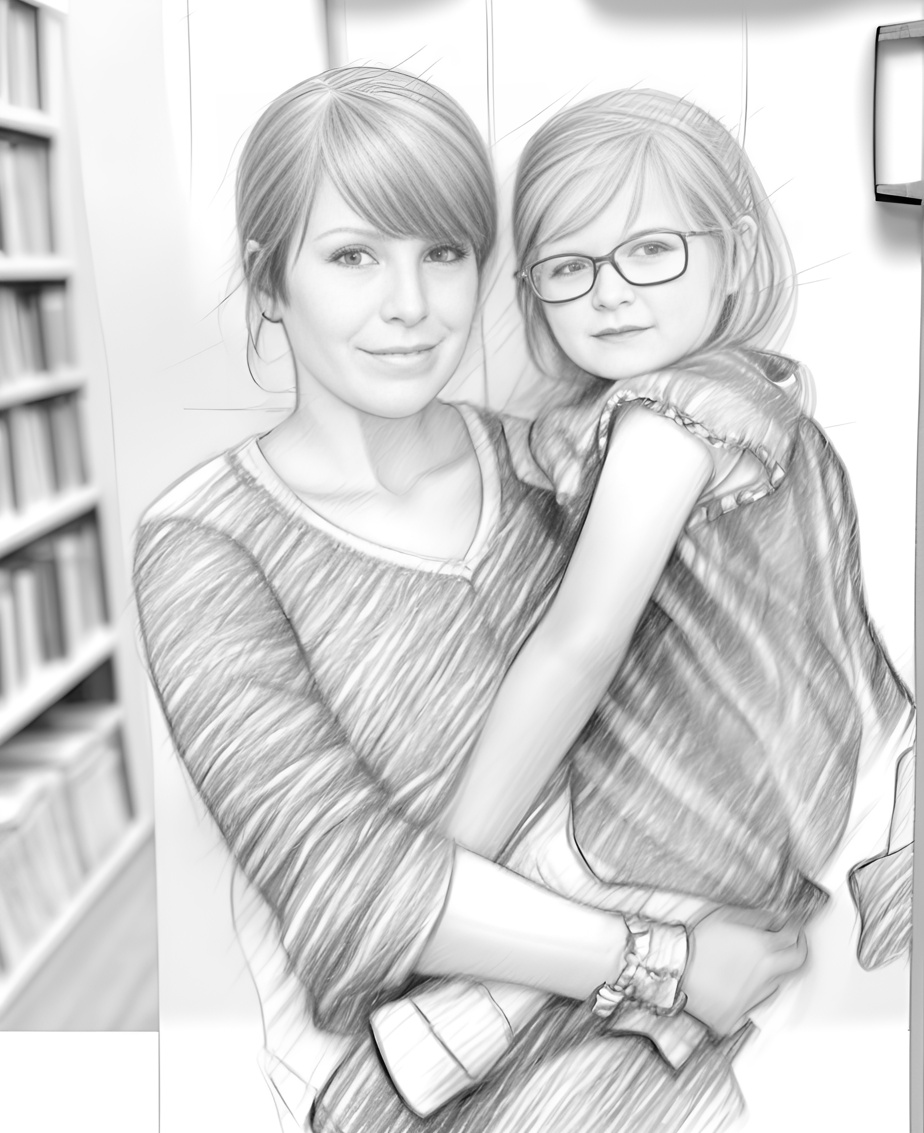 Pencil sketch drawing of mom holding a girl, created from a reference photo by PortraitArt app