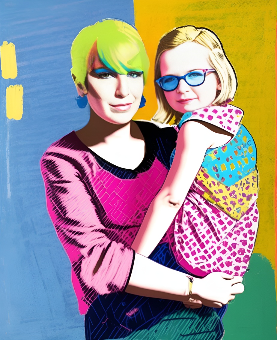 Pop art picture of a mom holding a girl, created from a reference photo by PortraitArt app