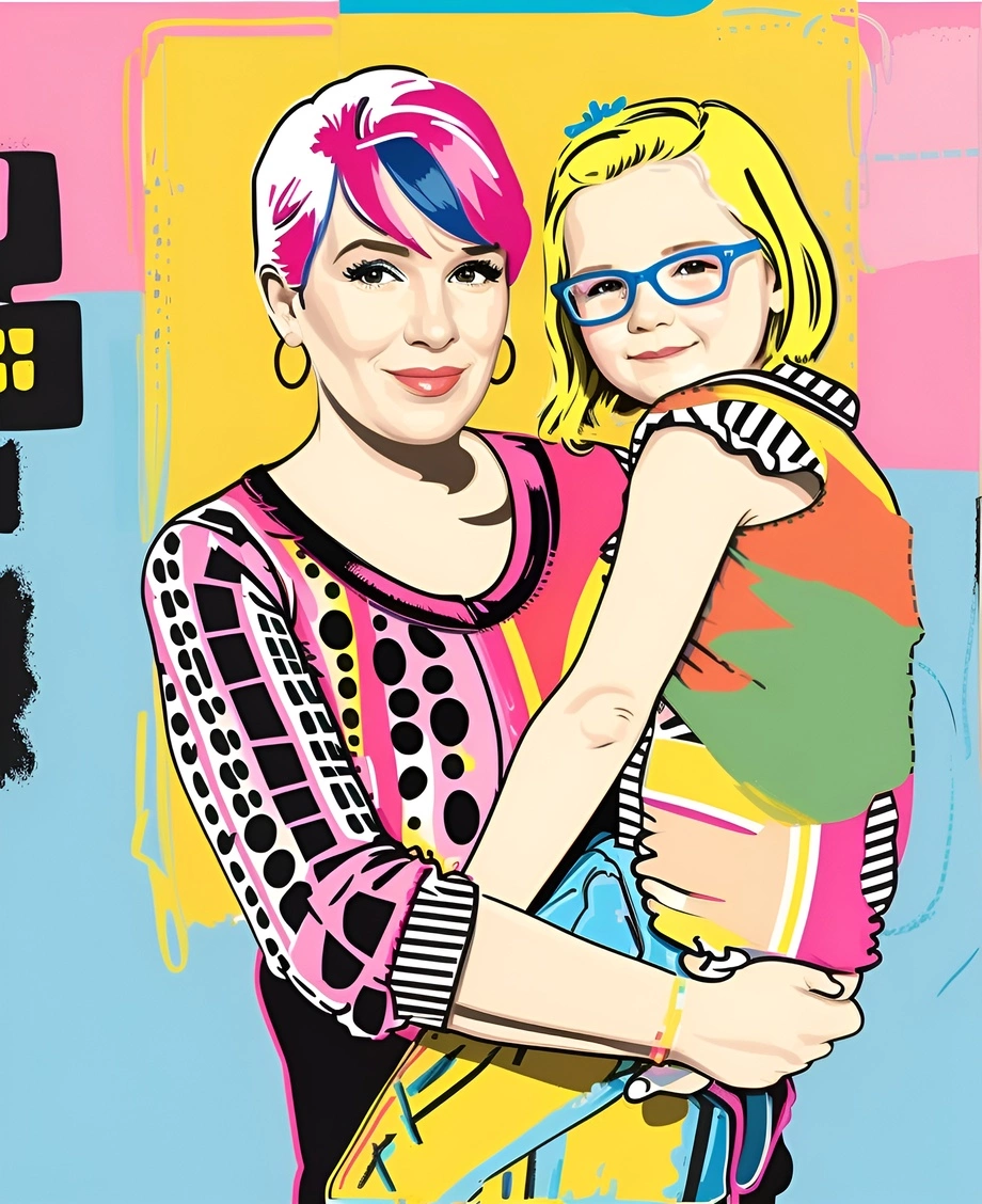 pop art picture of a mom holding a girl, created from a reference photo by generative AI similar as MidJourney and ChatGPT