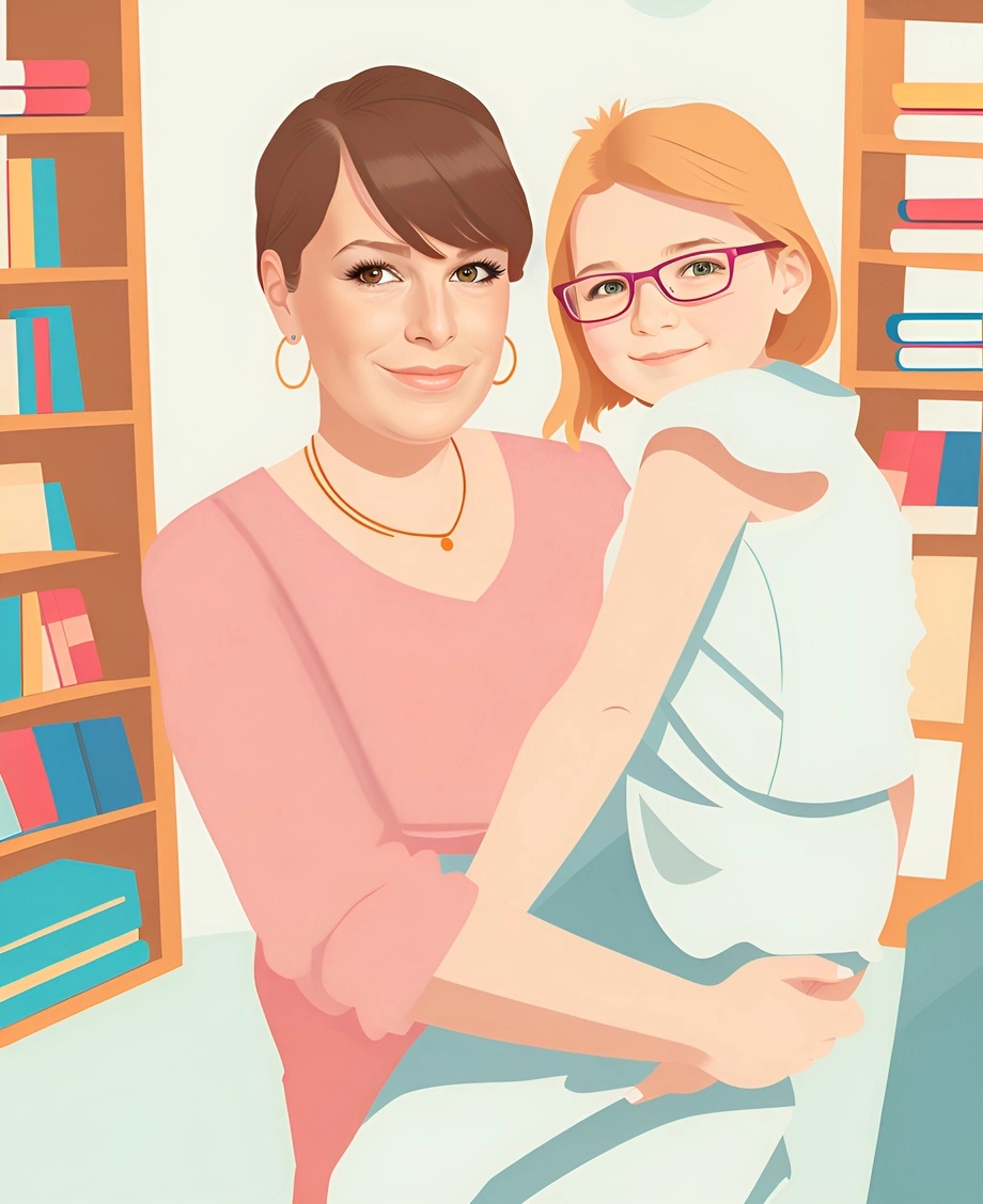 Vector art picture of a mom holding a girl, created from a reference photo by PortraitArt app