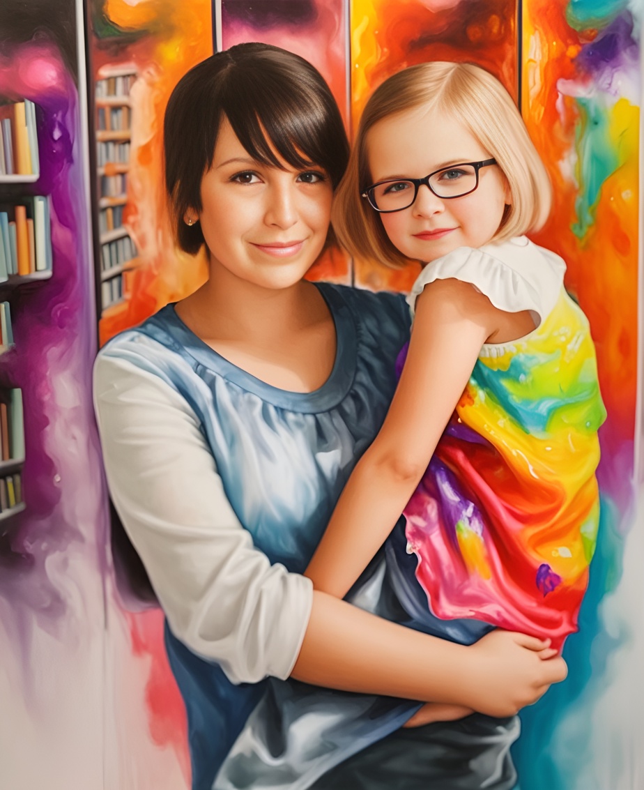Vibrant painting of a mom holding a girl, created from a reference photo by PortraitArt app