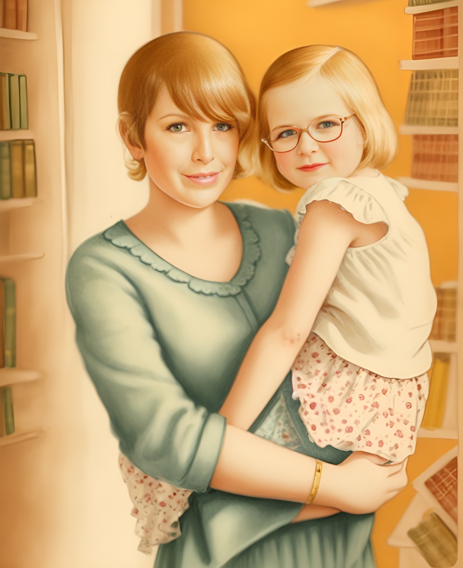 Vintage of a mom holding a daughter, created from a reference photo by PortraitArt app