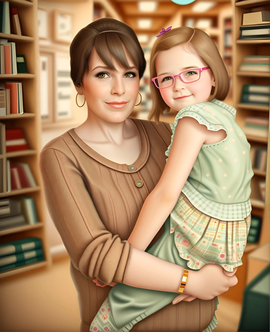 Vintage of a mom holding a daughter, created from a reference photo by PortraitArt app