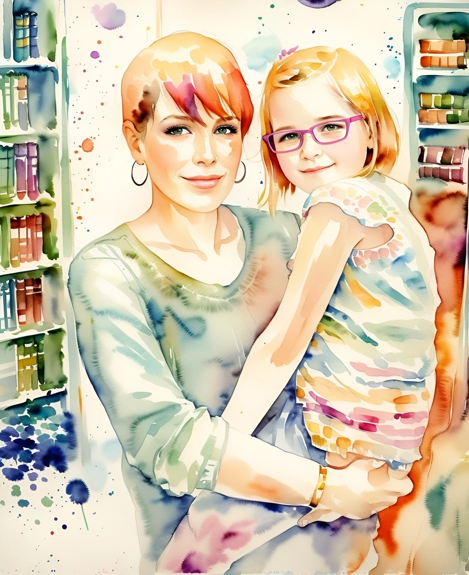 watercolor painting of a mom holding a girl, created from a reference photo by generative AI similar as MidJourney and ChatGPT