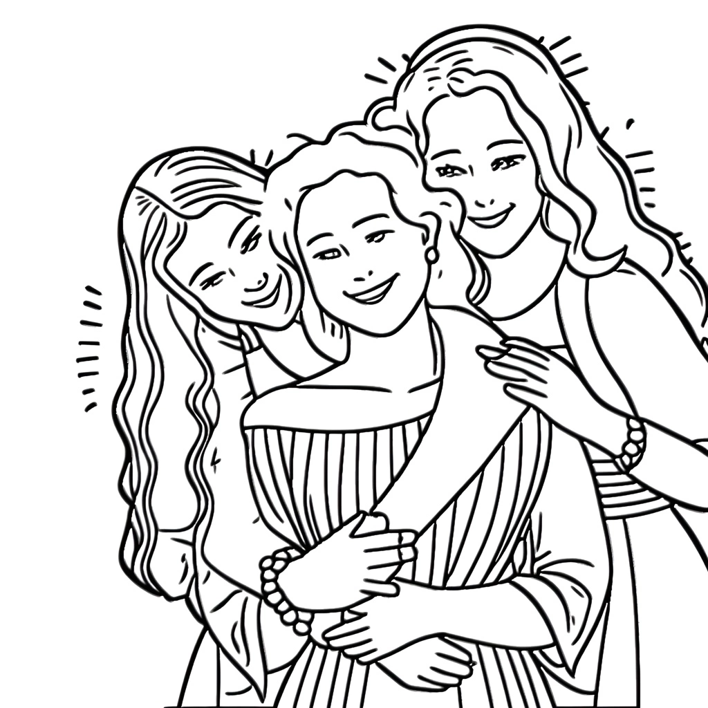 Coloring page of a mother and two daughters, created from a reference photo by generative AI similar as MidJourney and ChatGPT