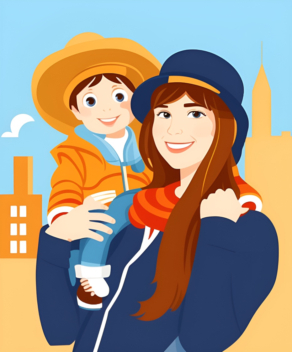 cartoon drawing of a young mom and baby boy, created from a reference photo by generative AI similar as MidJourney and ChatGPT