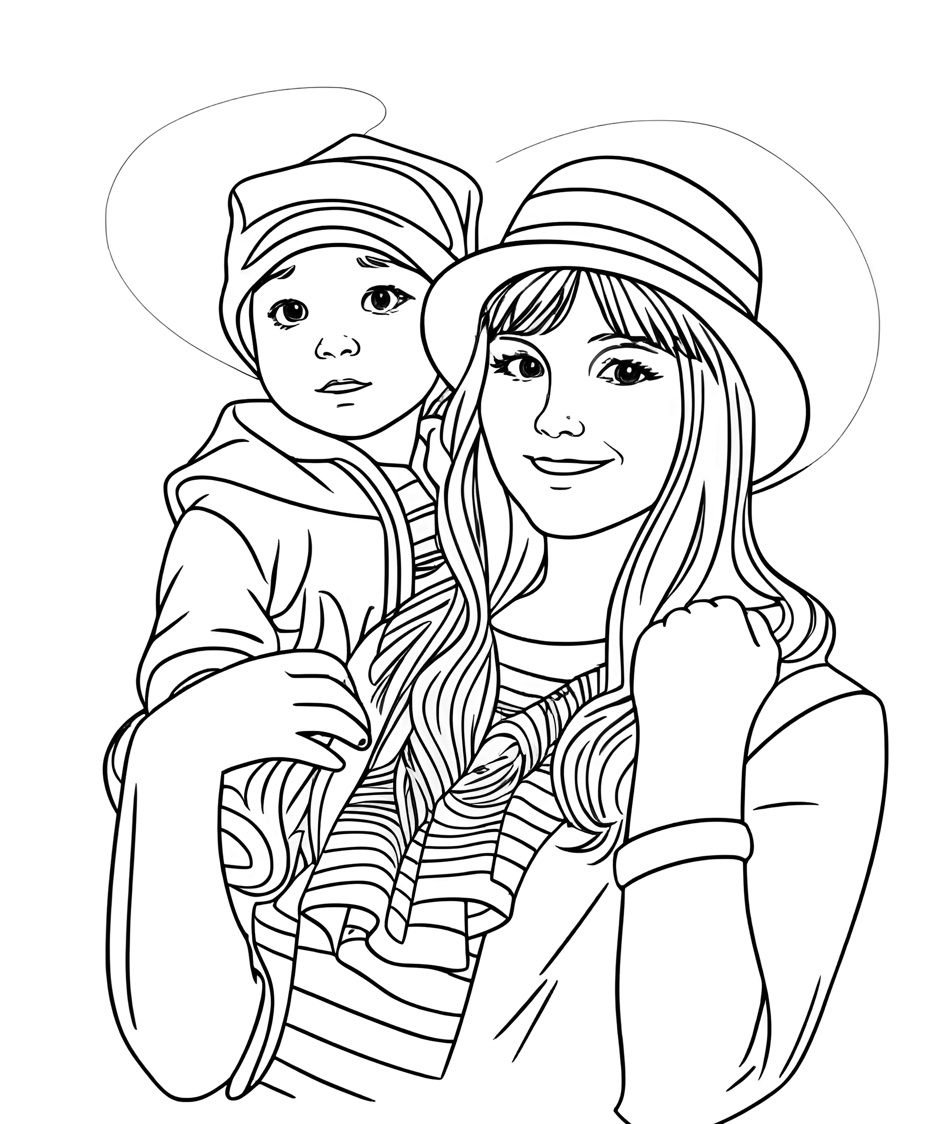 Coloring page of a mom and son, created from a reference photo by PortraitArt app