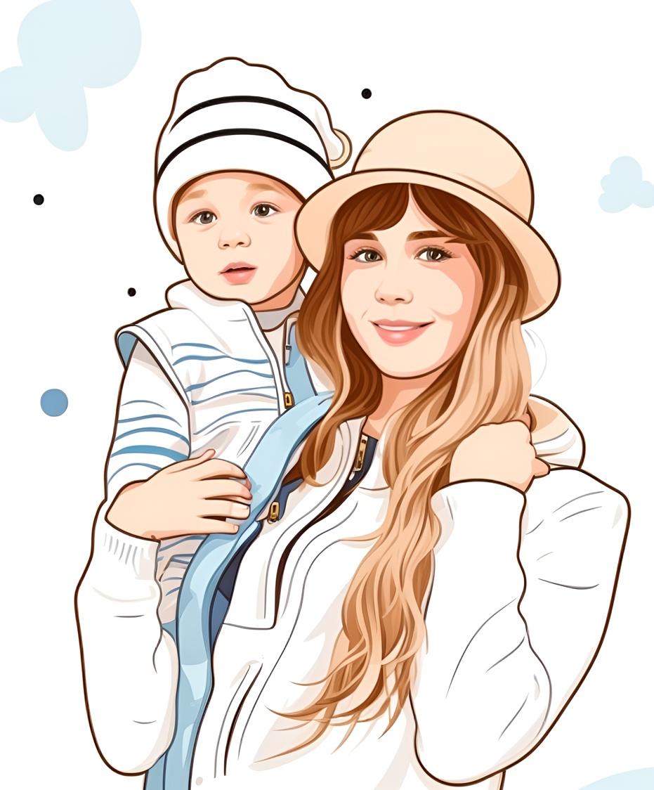 Line art of a mom and son, created from a reference photo by PortraitArt app