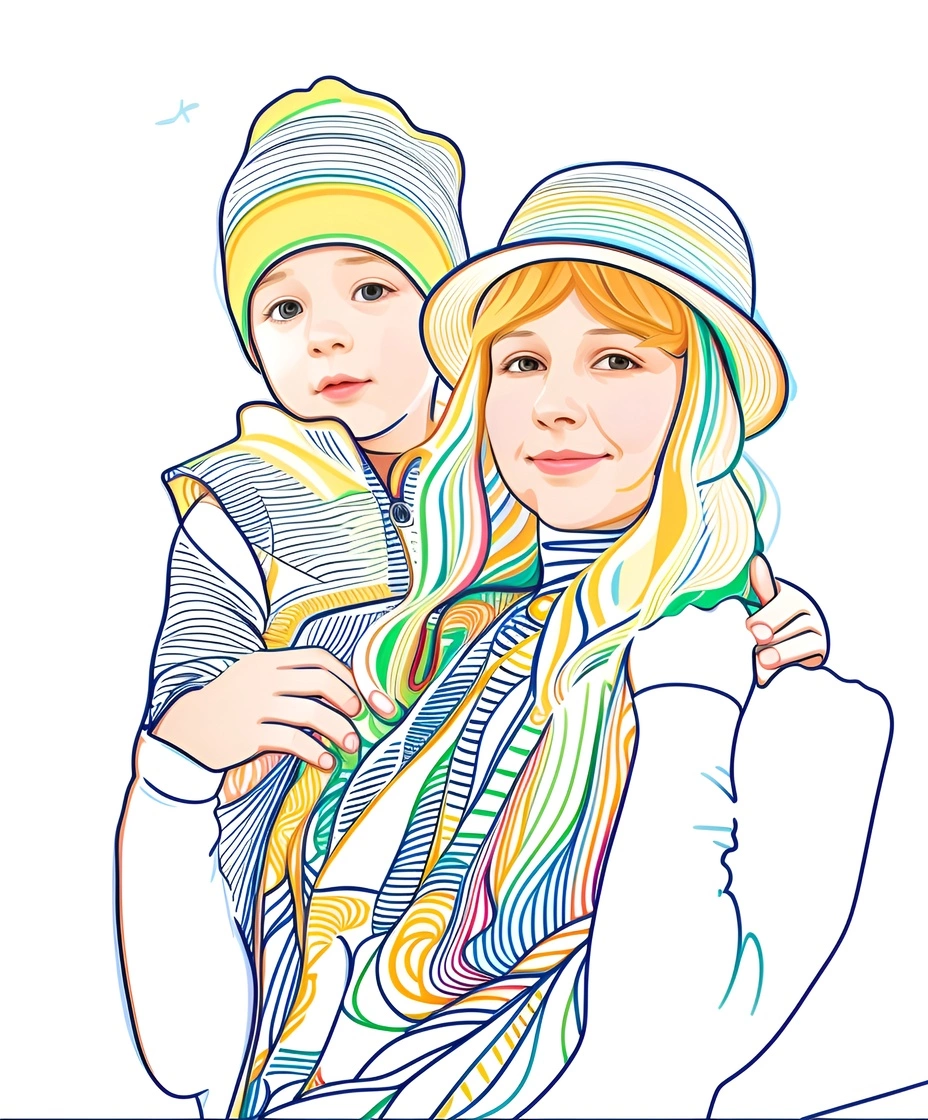 line art picture of a mother and a kid from a reference photo, by generative AI similar as MidJourney and ChatGPT