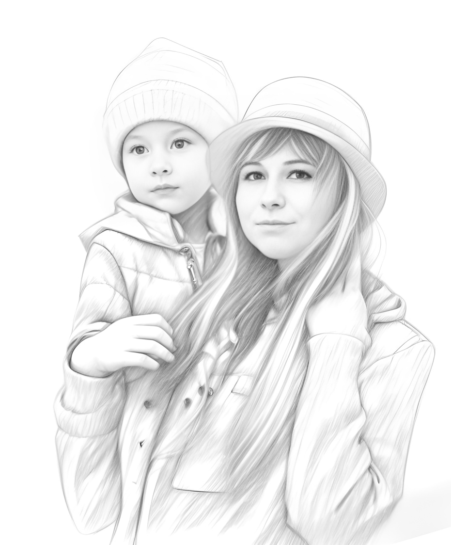 Pencil sketch drawing of  mom and son, created from a reference photo by PortraitArt app