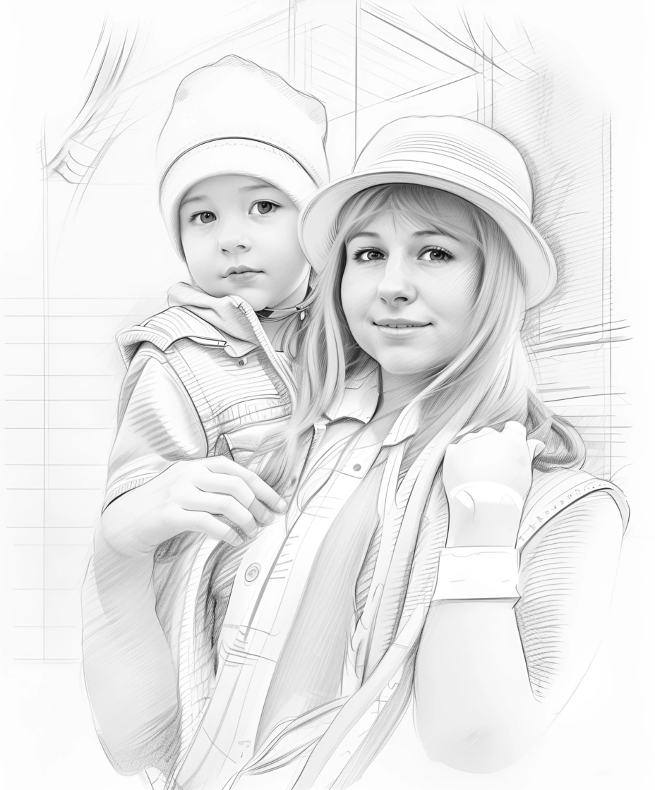 Pencil sketch drawing of  mom and son, created from a reference photo by PortraitArt app