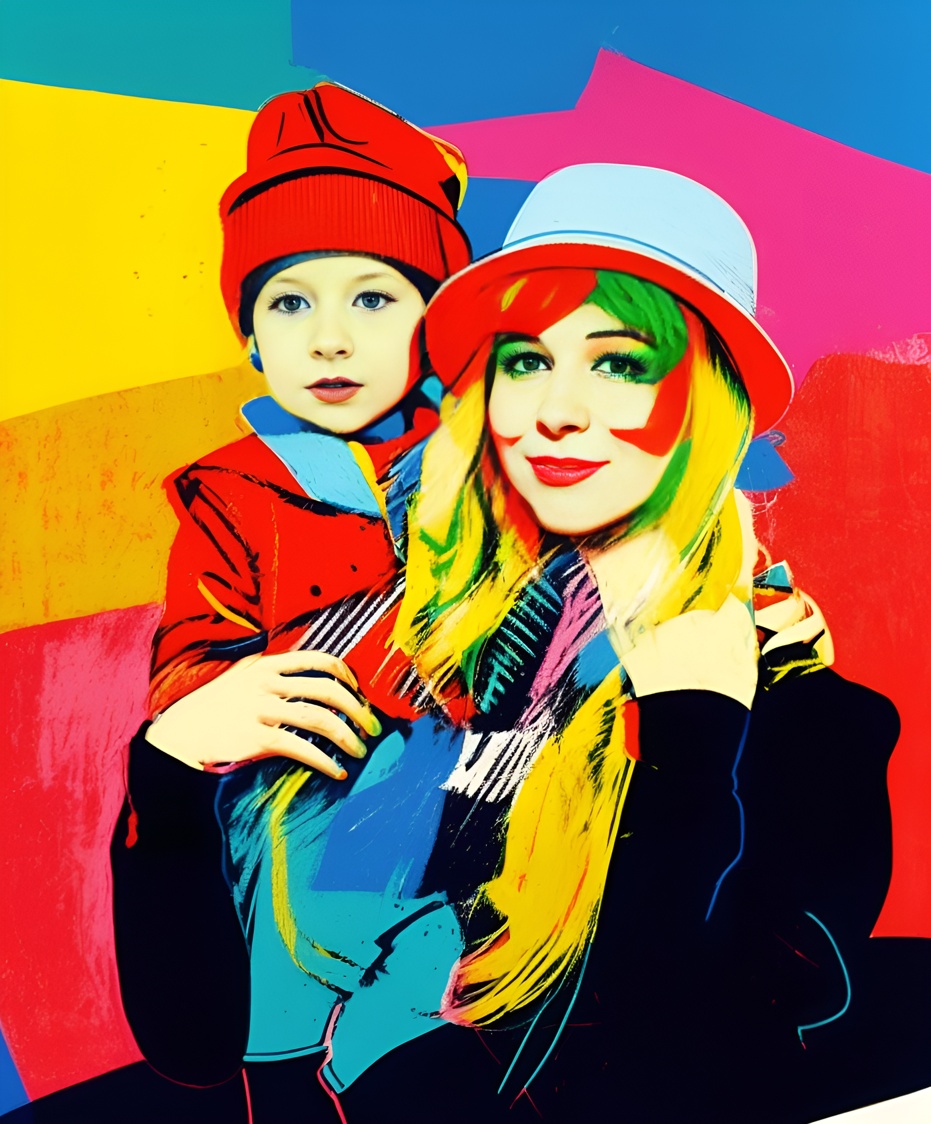 Pop art of a mom and son, created from a reference photo by PortraitArt app
