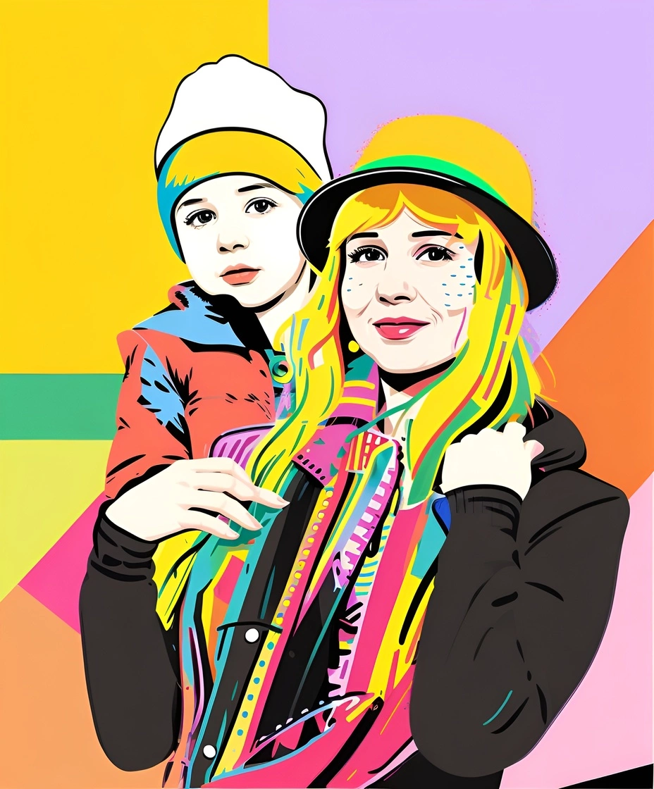 Pop art foto di una giovane mamma e il suo bambino, creata da una foto di riferimento da AI generativa simile a Midjourney e Chatgpt