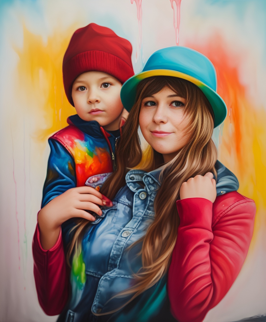 Vibrant painting of a mom and son, created from a reference photo by PortraitArt app