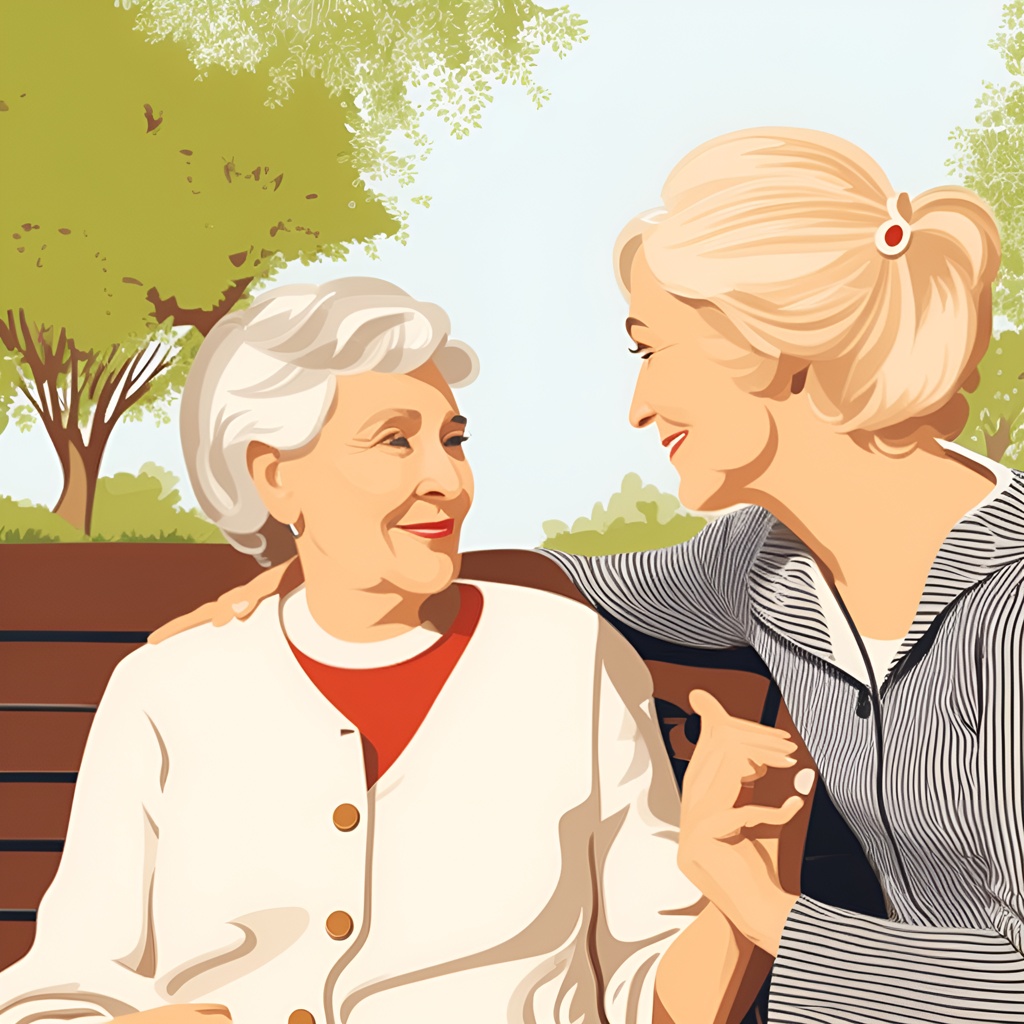 Cartoon drawing of an elderly mother and her adult daughter, created from a reference photo by generative AI similar as MidJourney and ChatGPT