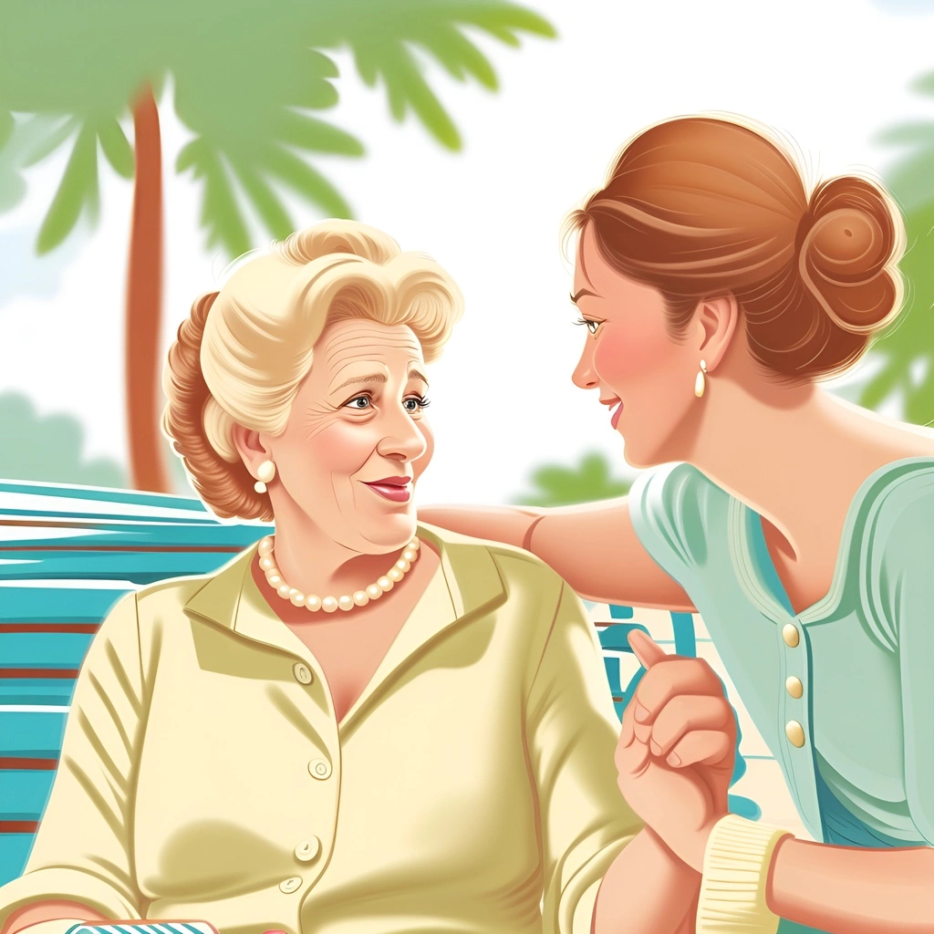 Cartoon drawing of an elderly mother and her adult daughter, created from a reference photo by generative AI similar as MidJourney and ChatGPT