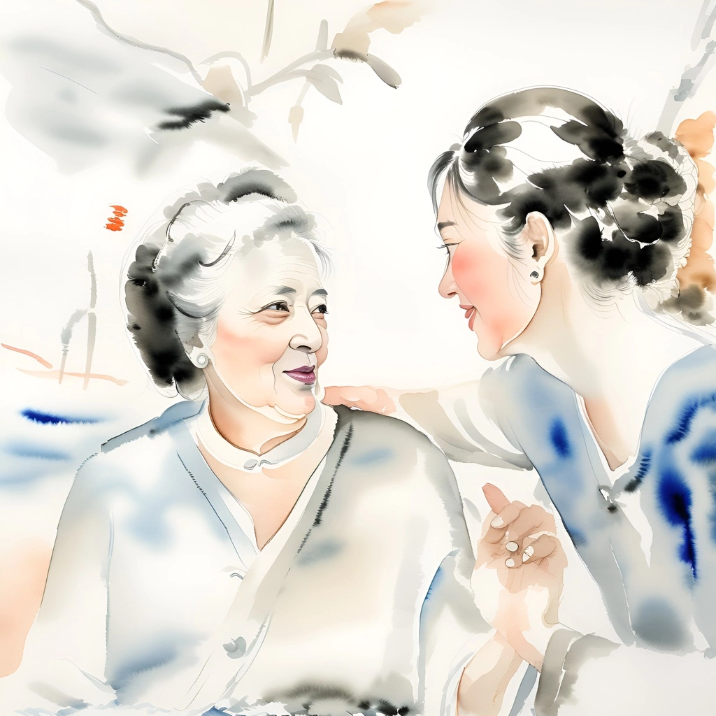 Chinese ink painting of elderly mother and her adult daughter, created from a reference photo by our AI art generator