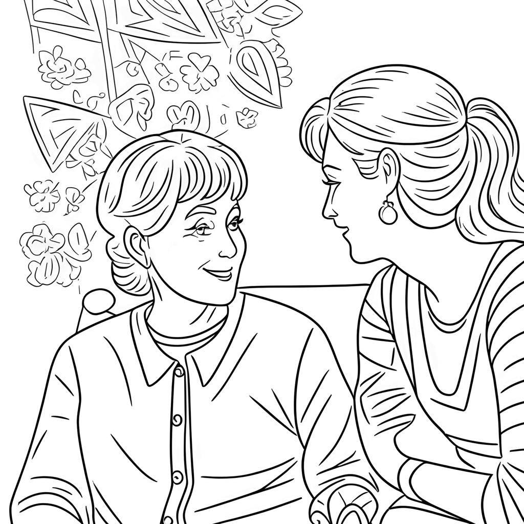 Coloring page of an elderly mother and her adult daughter, created from a reference photo by generative AI similar as MidJourney and ChatGPT