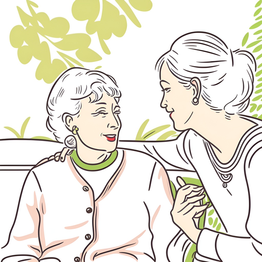 Line art picture of an elderly mother and her adult daughter, created from a reference photo by generative AI similar as MidJourney and ChatGPT