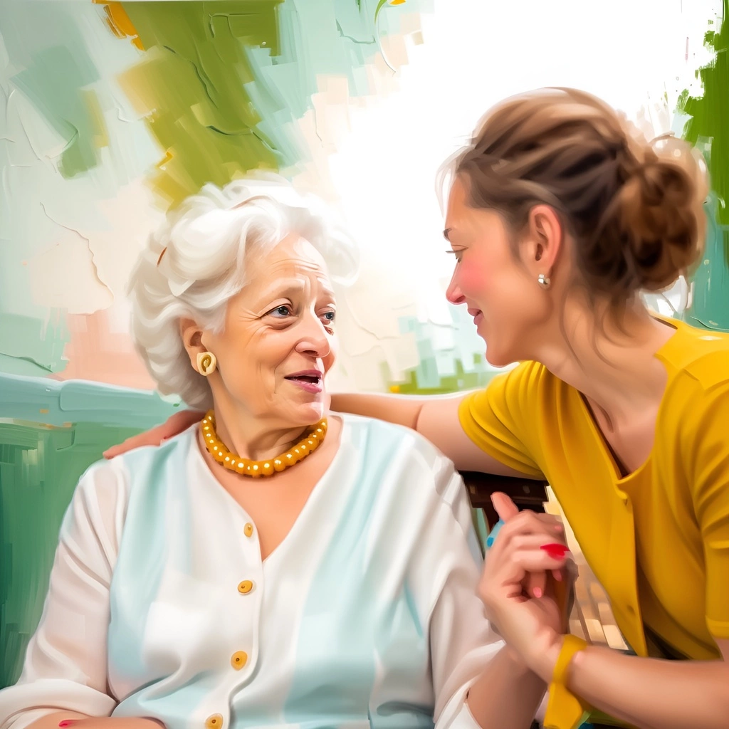 Oil painting of elderly mother and her adult daughter, created from a reference photo by generative AI similar as MidJourney and ChatGPT