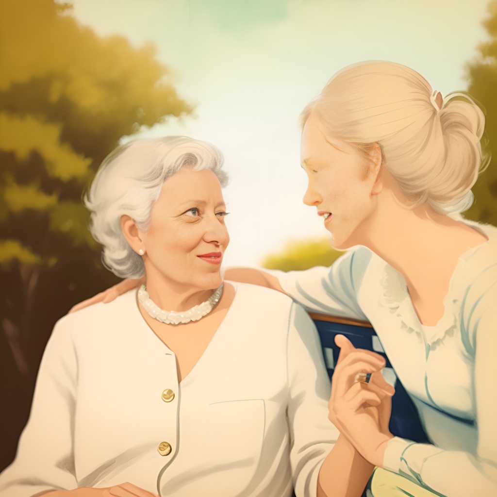 Vintage painting of an elderly mother and her adult daughter, created from a reference photo by generative AI similar as MidJourney and ChatGPT