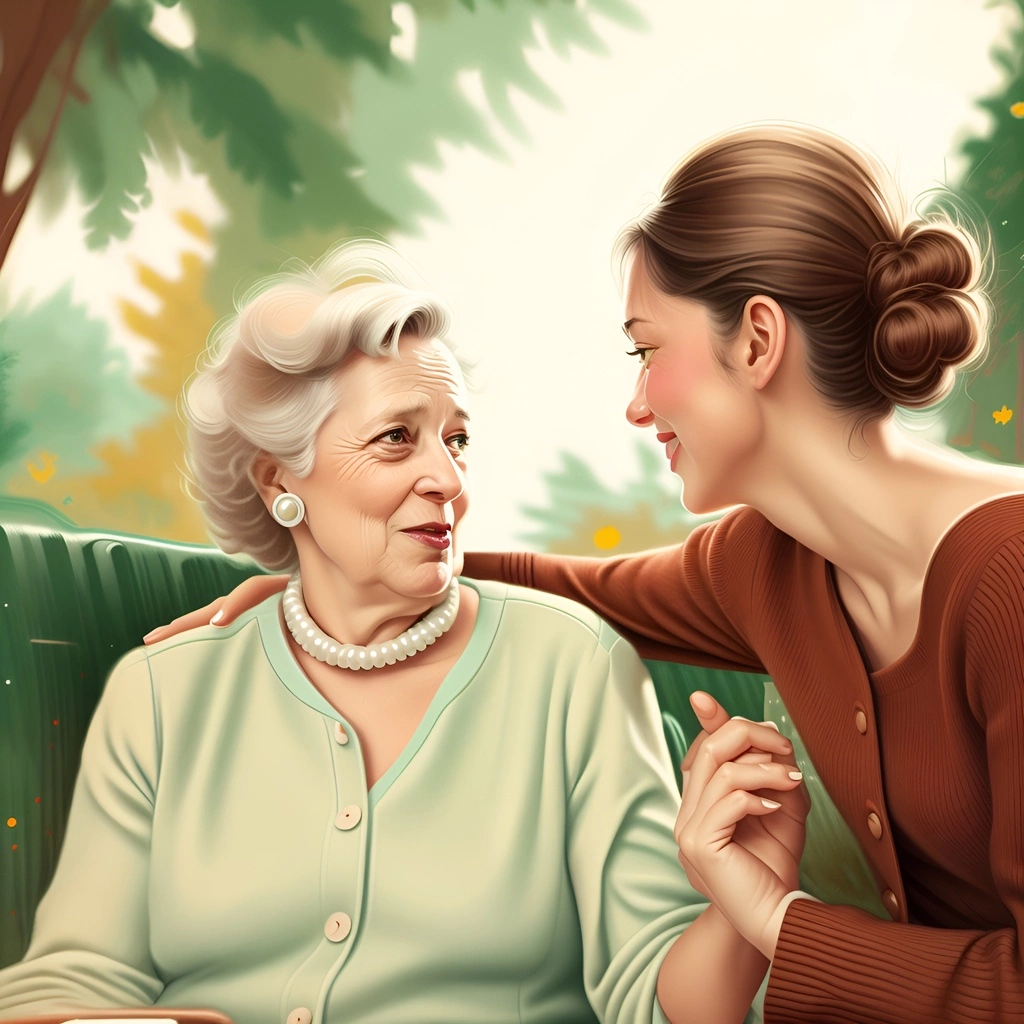 Vintage painting of an elderly mother and her adult daughter, created from a reference photo by generative AI similar as MidJourney and ChatGPT