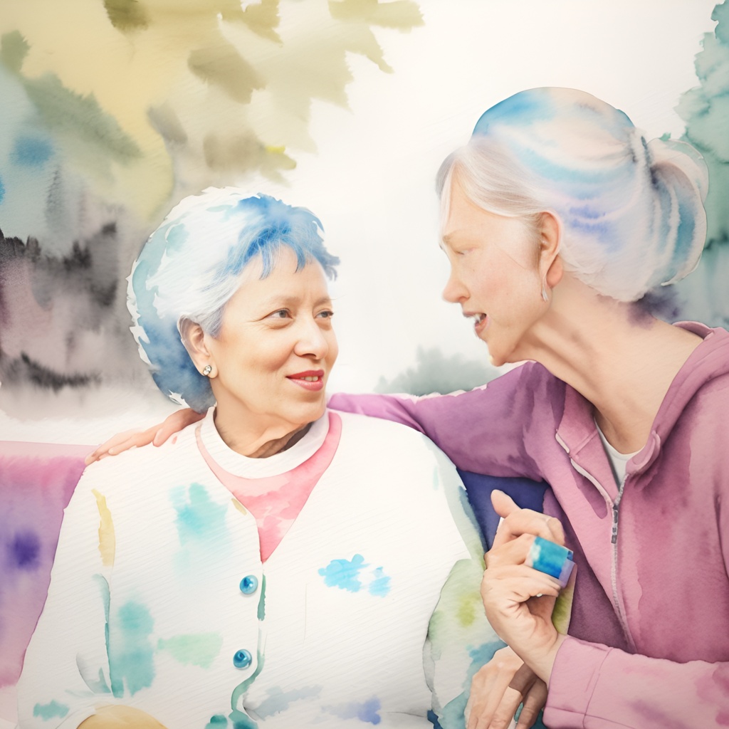 Watercolor painting of an elderly mother and her adult daughter, created from a reference photo by generative AI similar as MidJourney and ChatGPT