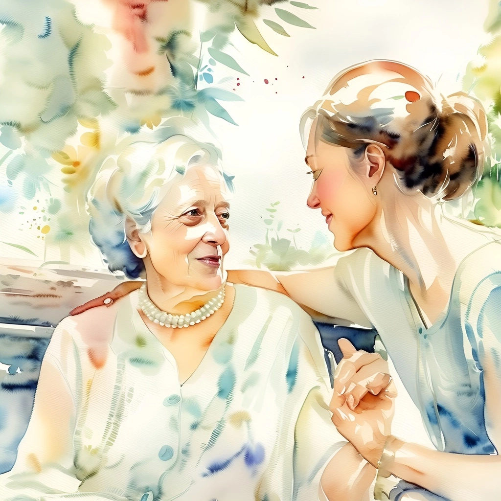 Watercolor painting of an elderly mother and her adult daughter, created from a reference photo by generative AI similar as MidJourney and ChatGPT