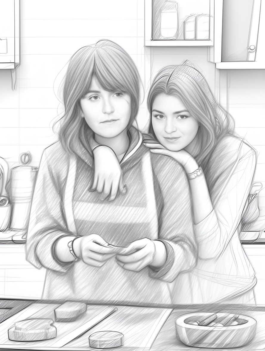 Pencil sketch drawing of mom and daughter cooking in kitchen, created from a reference photo by PortraitArt app