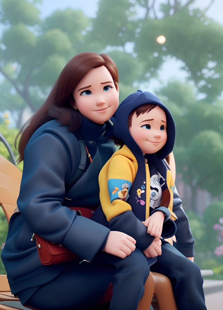 3D cartoon of a mom and son, created from a reference photo by generative AI similar as MidJourney and ChatGPT