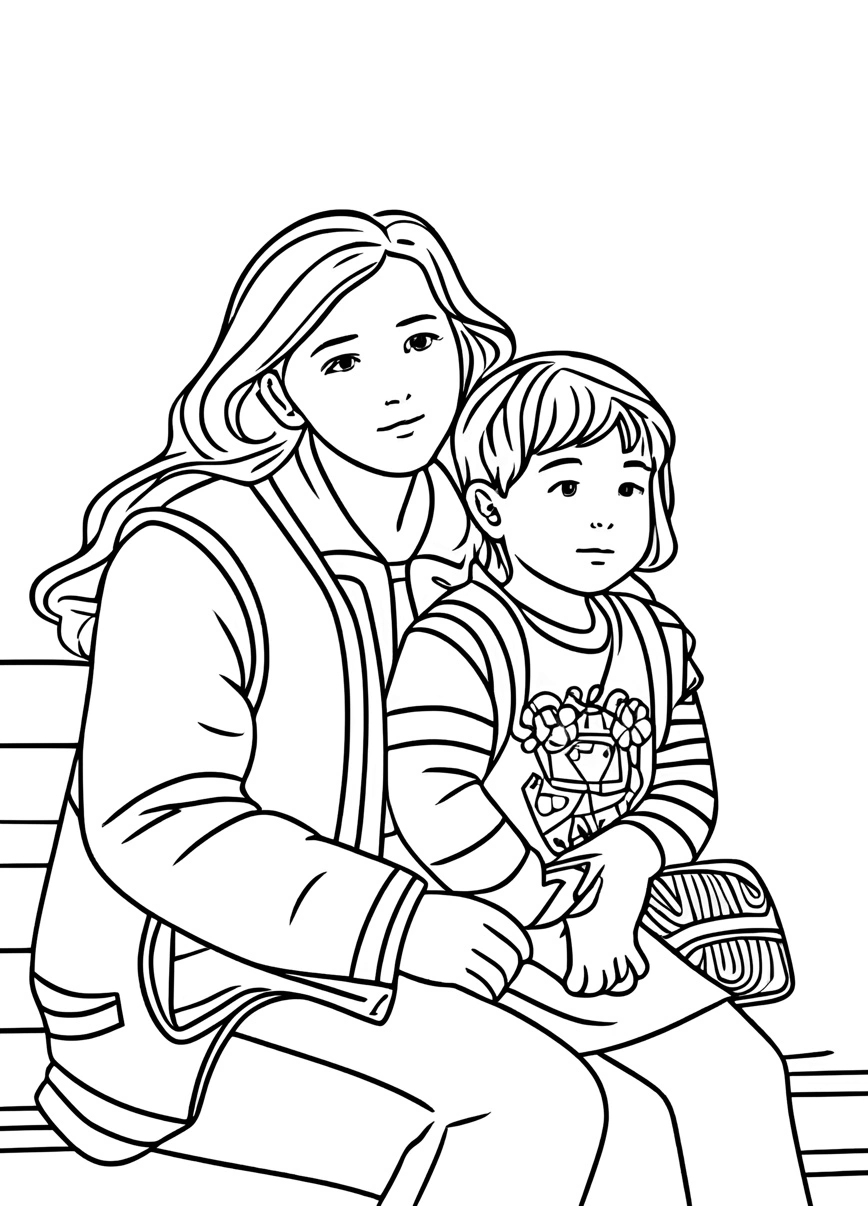 coloring page of a mom and son, created from a reference photo by generative AI similar as MidJourney and ChatGPT