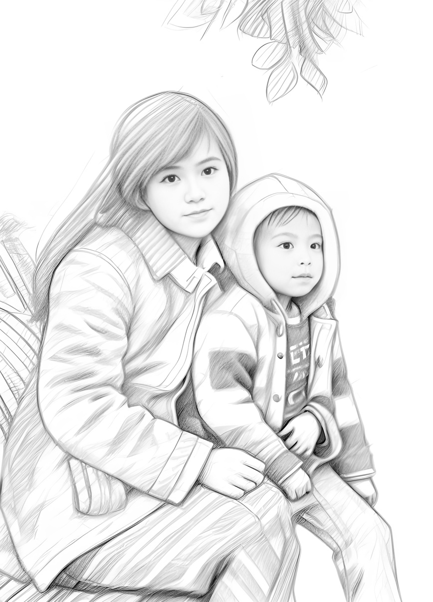 pencil sketch drawing of a mom and kid, created from a reference photo with generative AI app