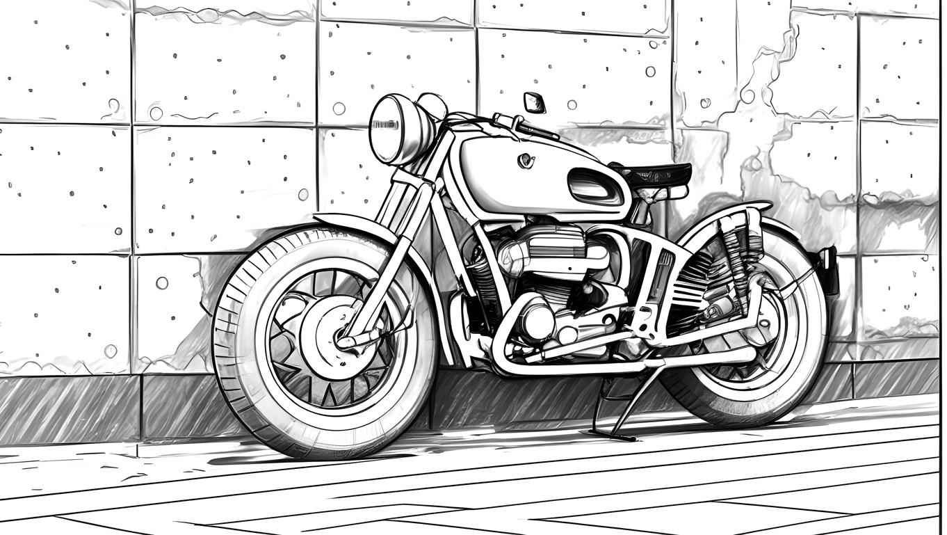 line sketch drawing of a motorcycle, created from a reference photo with generative AI similar as midjourney