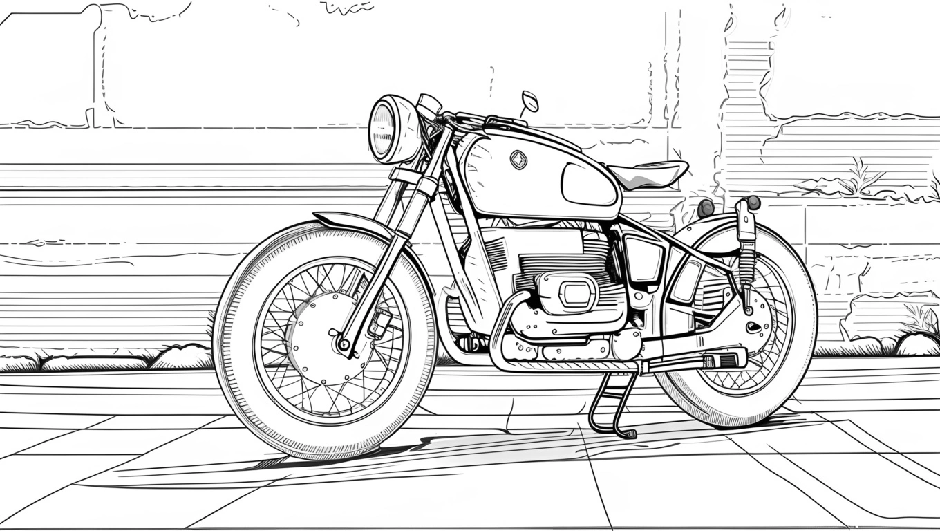 Dessin de croquis de ligne d'une moto, créé à partir d'une photo de référence avec une AI générative similaire à celle de MidJourney