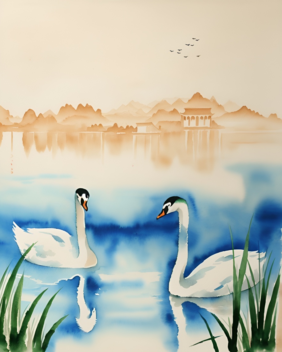 Chinese traditional painting of a lake scene with two swans swimming, created from a reference photo by PortraitArt app