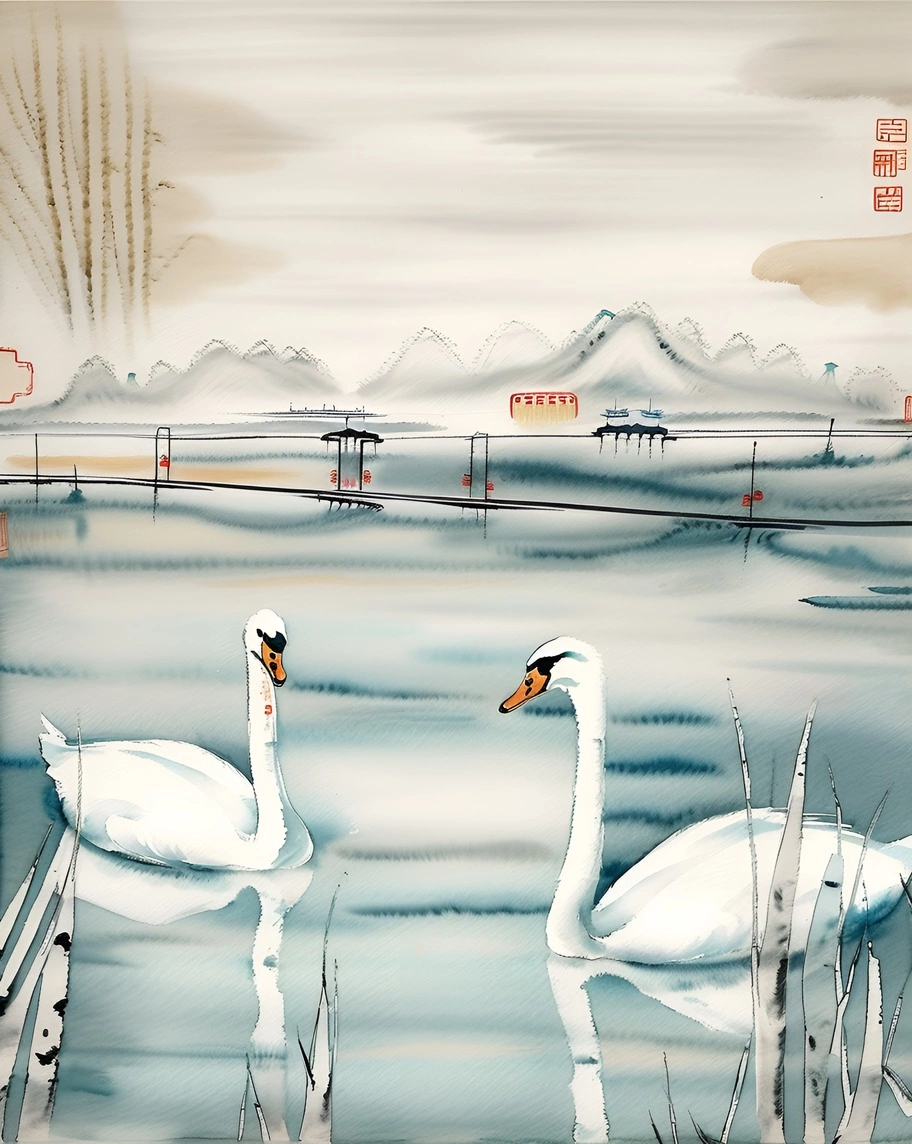 Peinture traditionnelle chinoise d'une scène de lac avec deux cygnes nageant, créé à partir d'une photo de référence de l'application PortraitArt