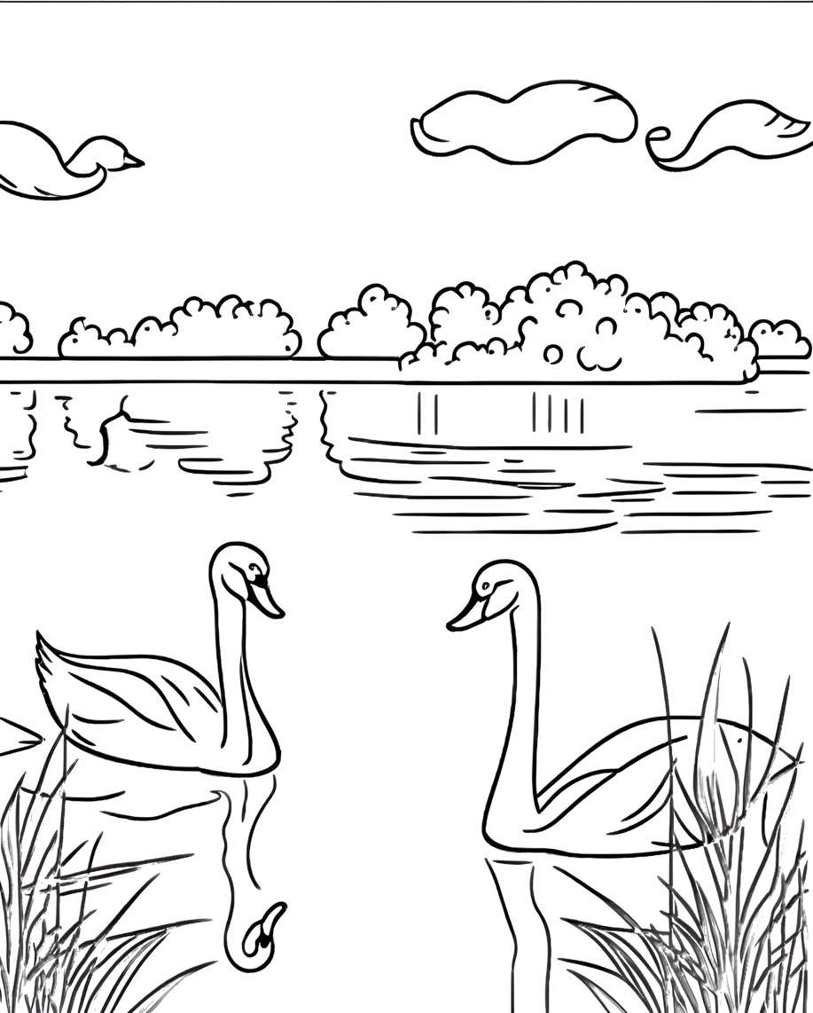 Coloriage des cygnes dans un lac, créé à partir d'une photo de référence de l'application PortraitArt