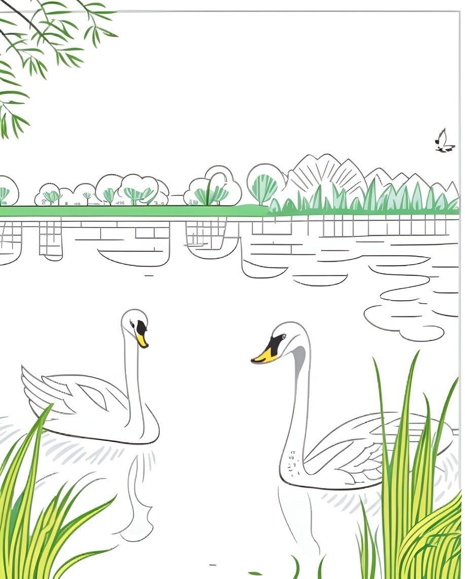 Line art picture of swans in a lake, created from a reference photo by generative AI similar as MidJourney and ChatGPT