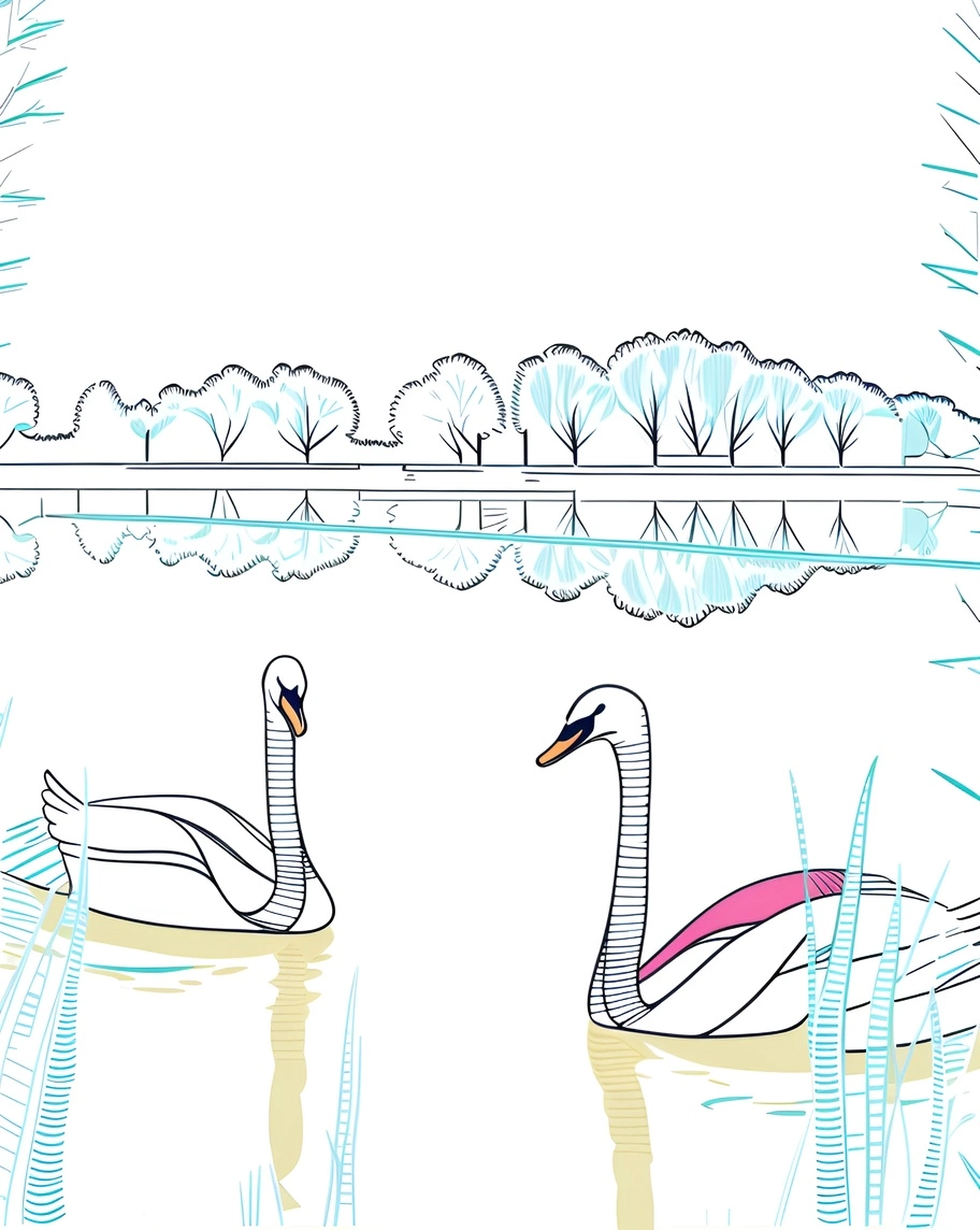 Line Art Picture of Swans in a Lake, creata da una foto di riferimento da AI generativa simile a Midjourney e Chatgpt