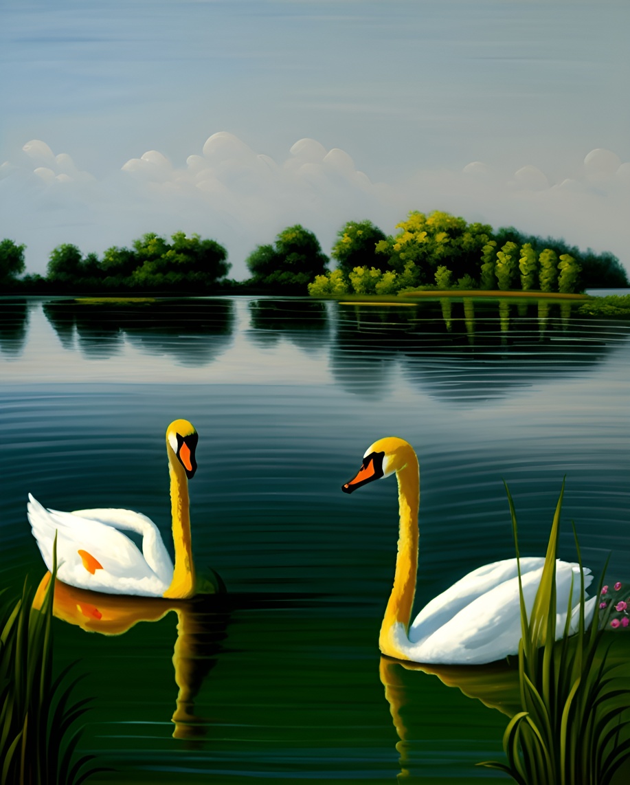 Oil painting of swans in a lake, created from a reference photo by PortraitArt app