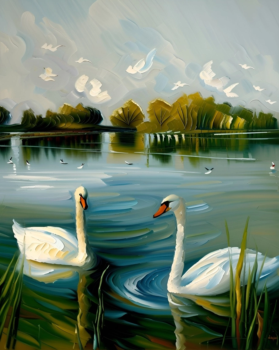 Oil painting of swans in a lake, created from a reference photo by PortraitArt app