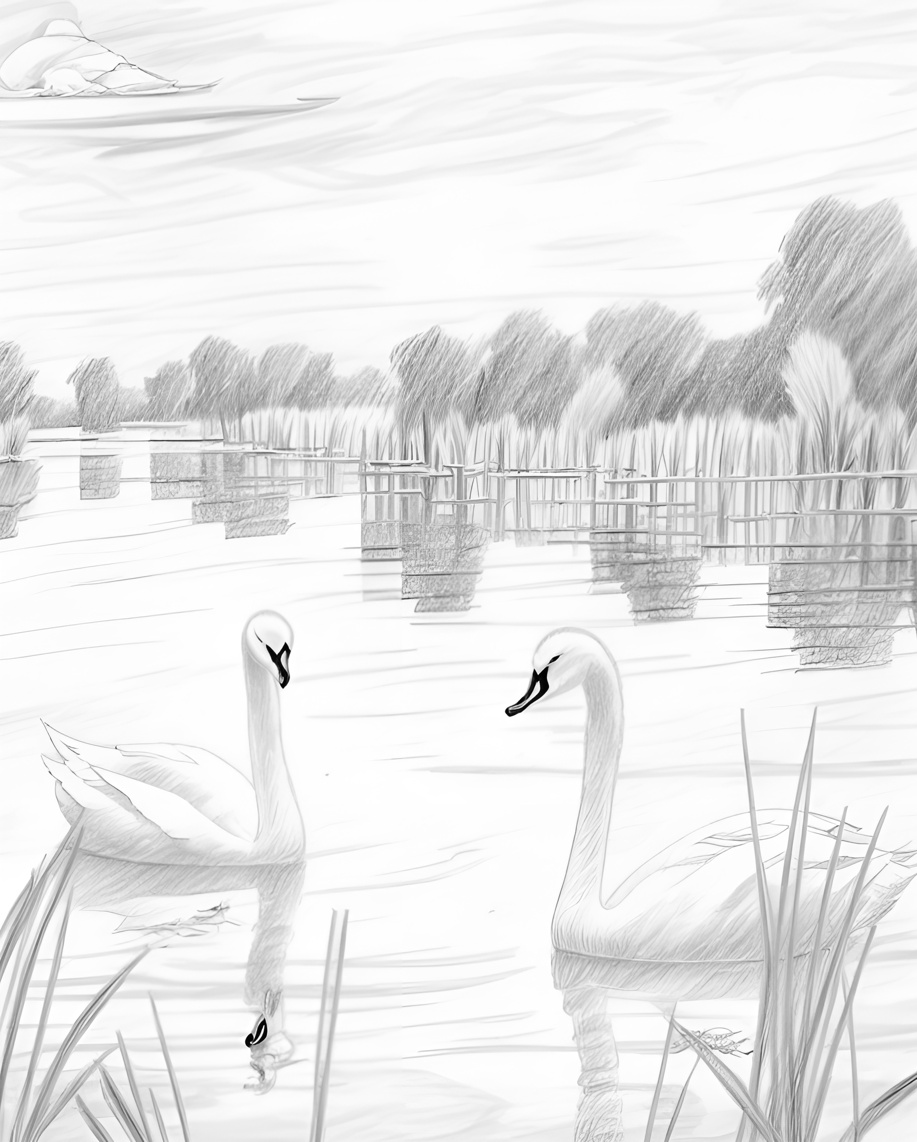 Pencil sketch picture of swans in a lake, created from a reference photo by PortraitArt app