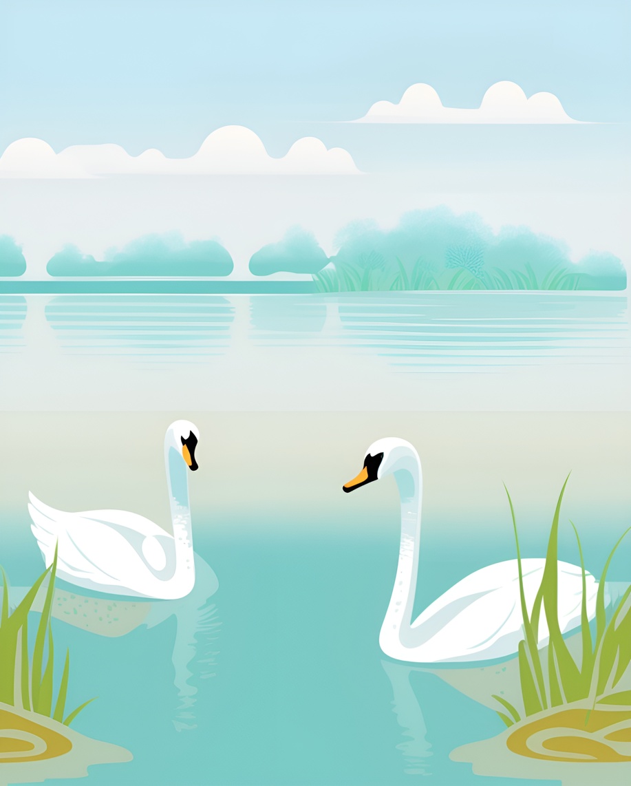 Vector art of a lake scene with two swans swimming, created from a reference photo by PortraitArt app