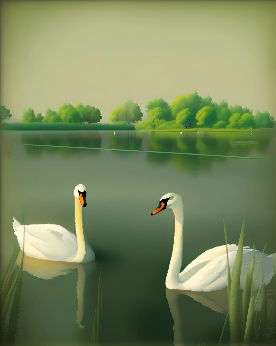 Vintage painting of swans in a lake, created from a reference photo by PortraitArt app