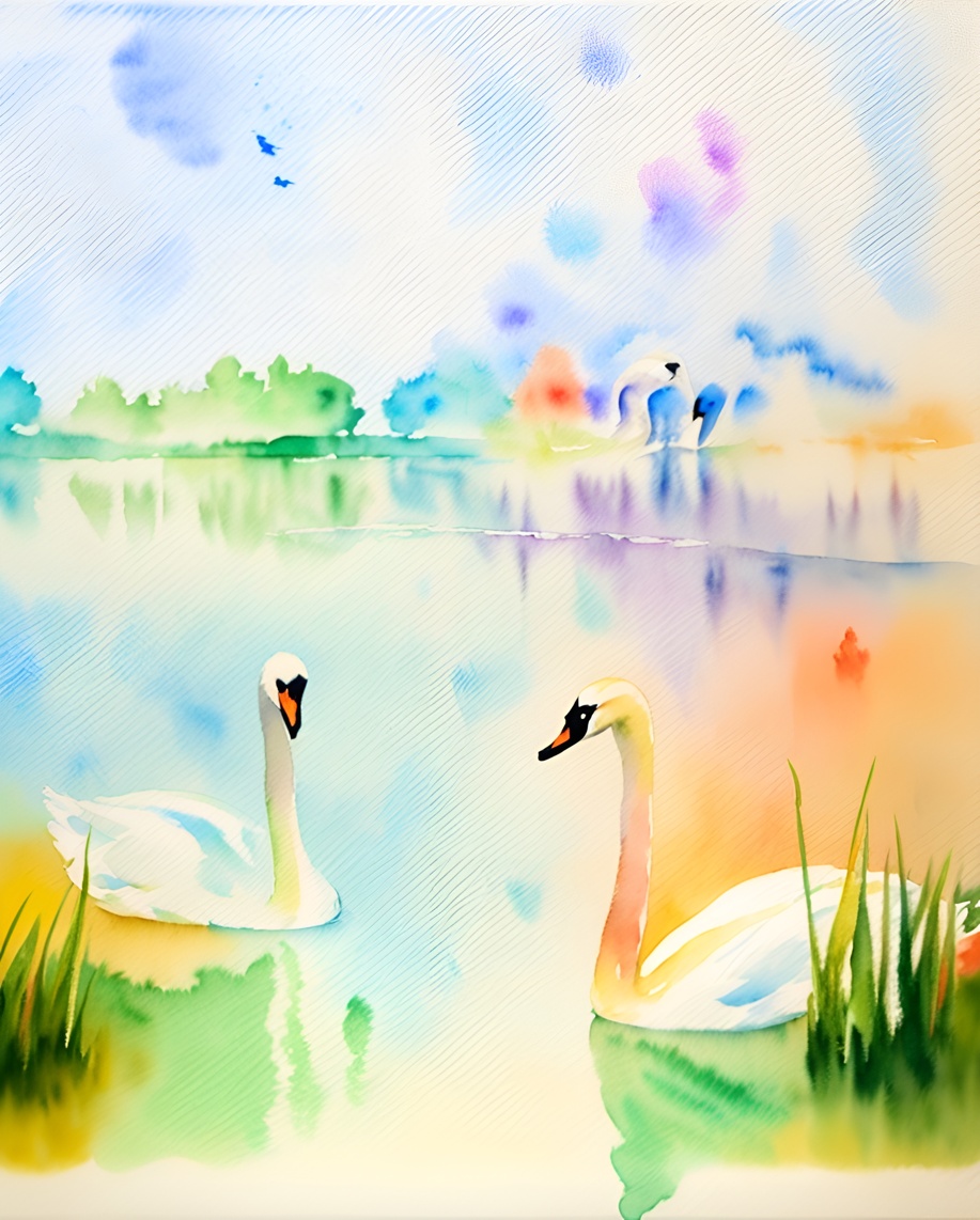 Watercolor painting of swans in a lake, created from a reference photo by PortraitArt app
