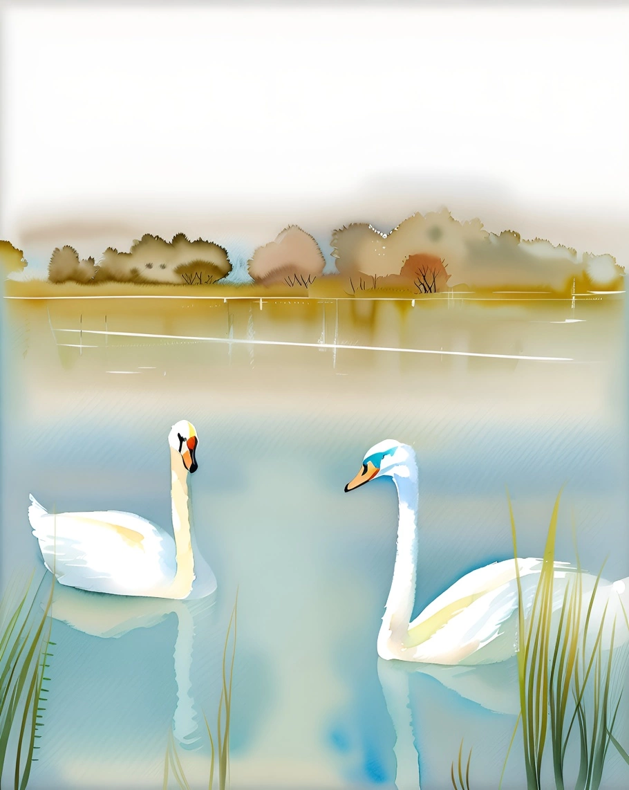 Watercolor painting of swans in a lake, created from a reference photo by PortraitArt app