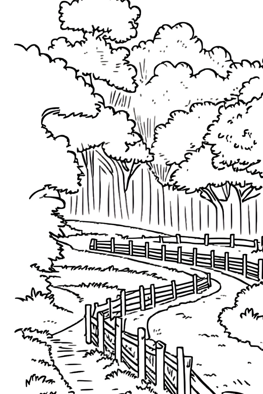 Coloring page of a countryside road, created from a reference photo by PortraitArt app
