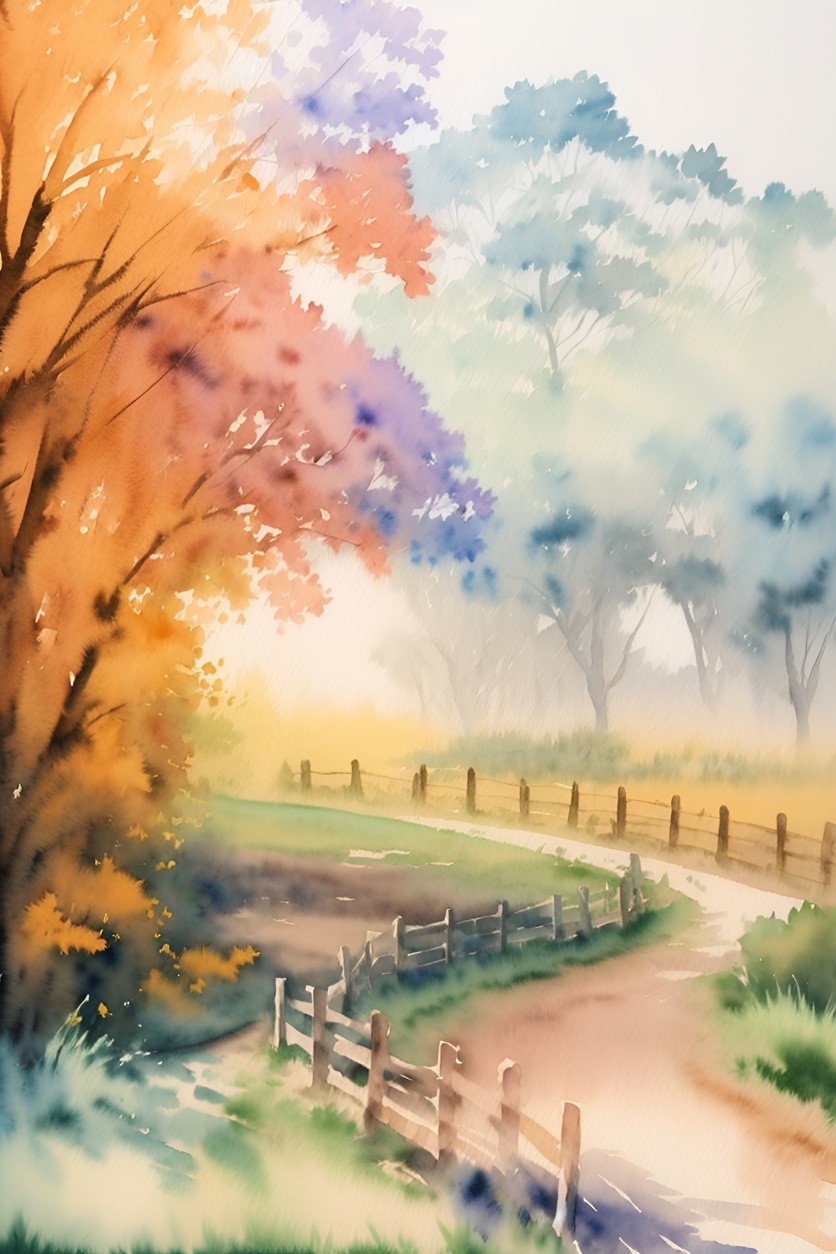 Watercolor painting of a countryside road, created from a reference photo by PortraitArt app
